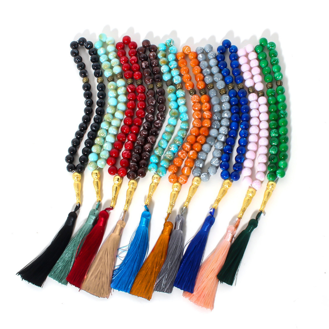 Muslim prayer beads with colored tassels, baked enamel, Islamic prayer beads