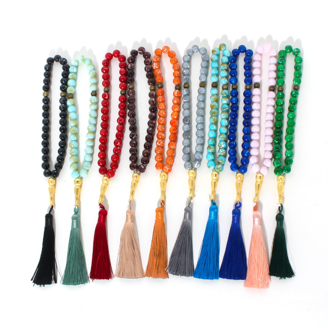 Muslim prayer beads with colored tassels, baked enamel, Islamic prayer beads