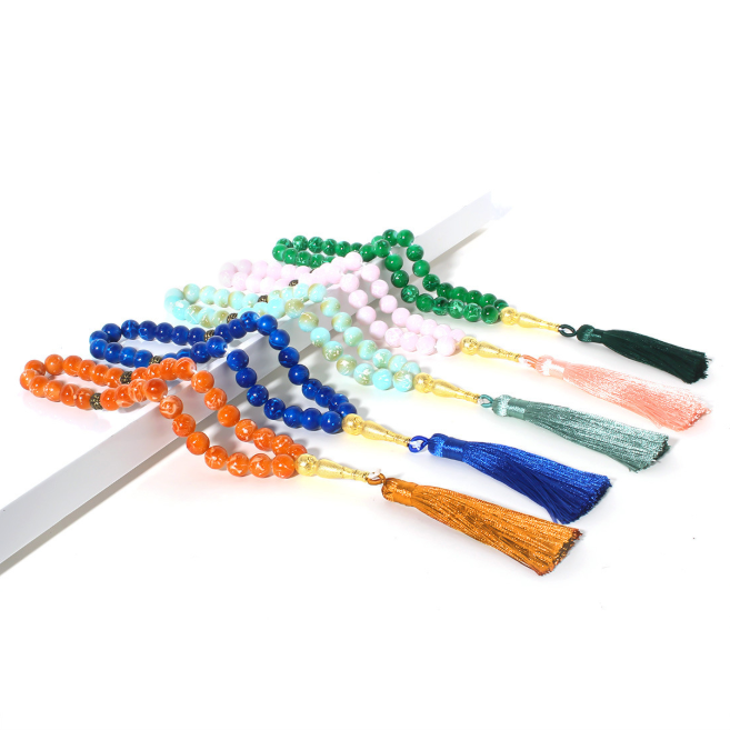 Muslim prayer beads with colored tassels, baked enamel, Islamic prayer beads